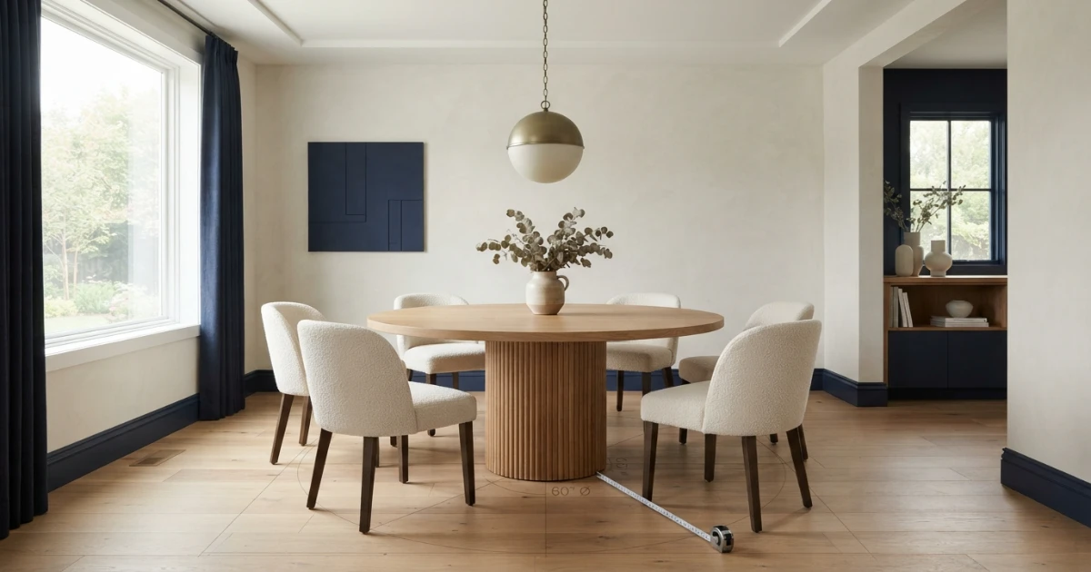 Round dining table sizes guide showing a measured six-seat pedestal table