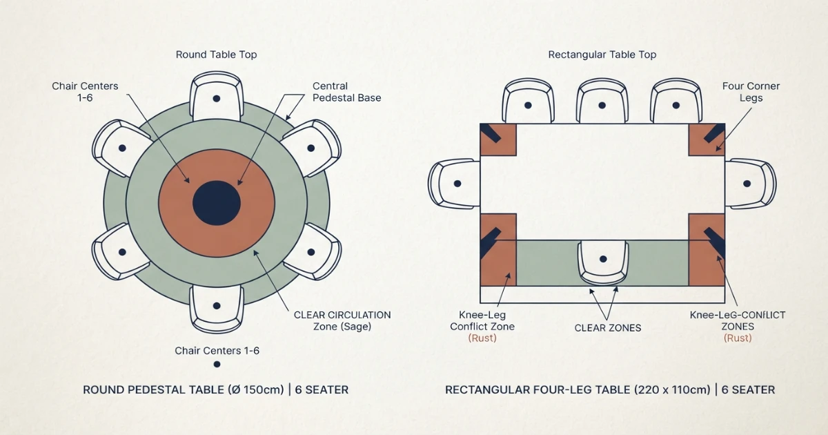 Round pedestal table compared with rectangular dining table leg spacing