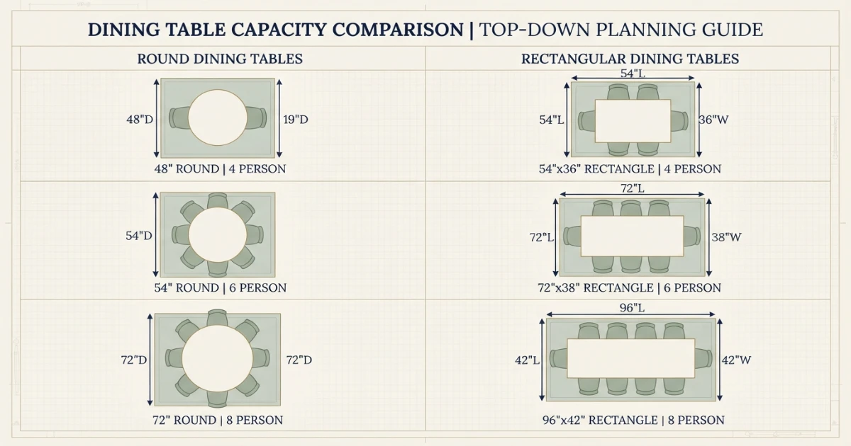 Round vs rectangular dining table sizes for four six and eight seats