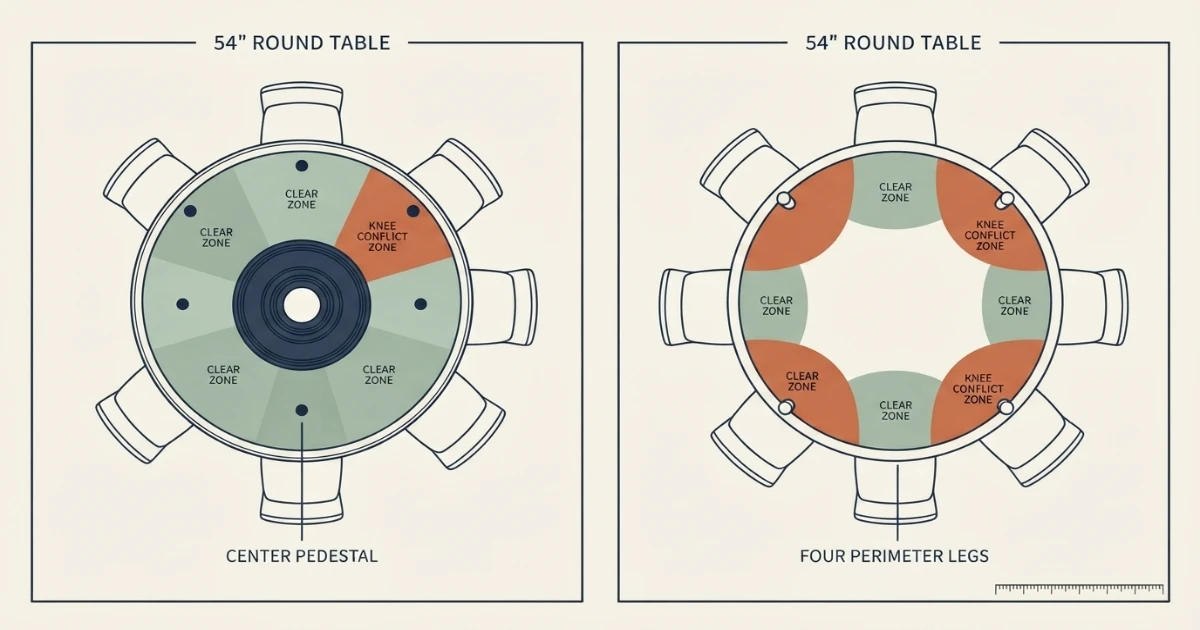 Round dining table pedestal base compared with four legs for chair fit