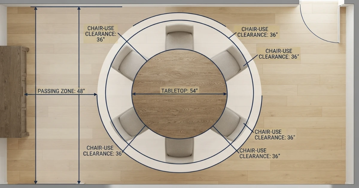 Round dining table clearance diagram with chair and passage zones