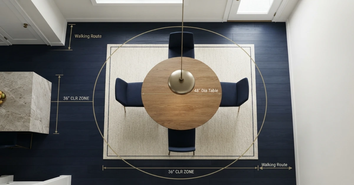 Small-room round dining table layout with four chairs and measured walking route