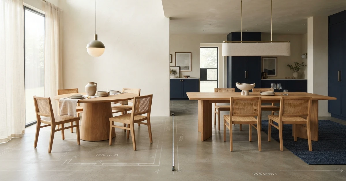 Round vs rectangle dining table shown in the same measured dining room