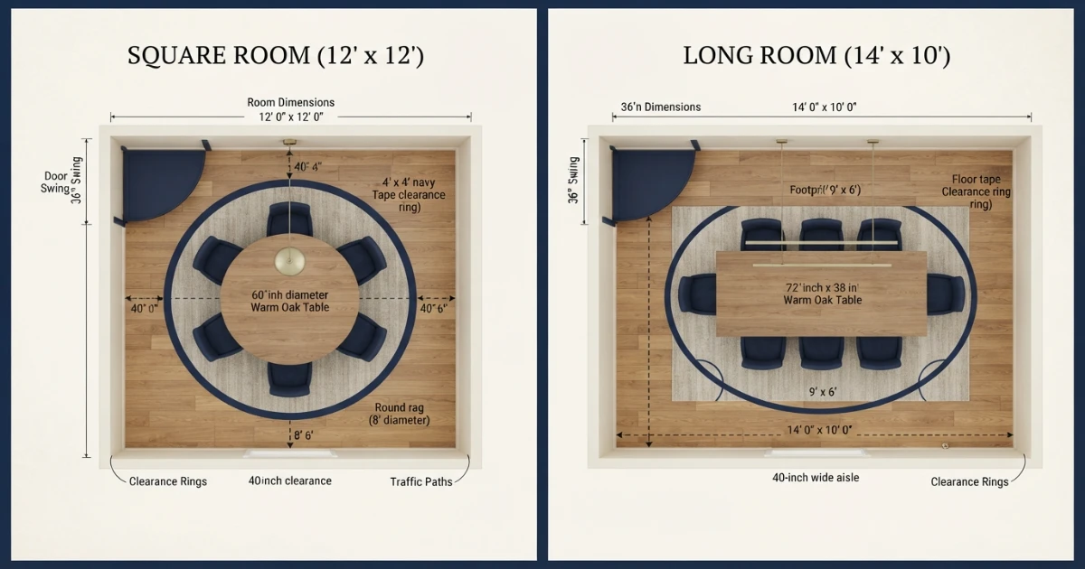 Square and long dining room layouts with round and rectangular table footprints