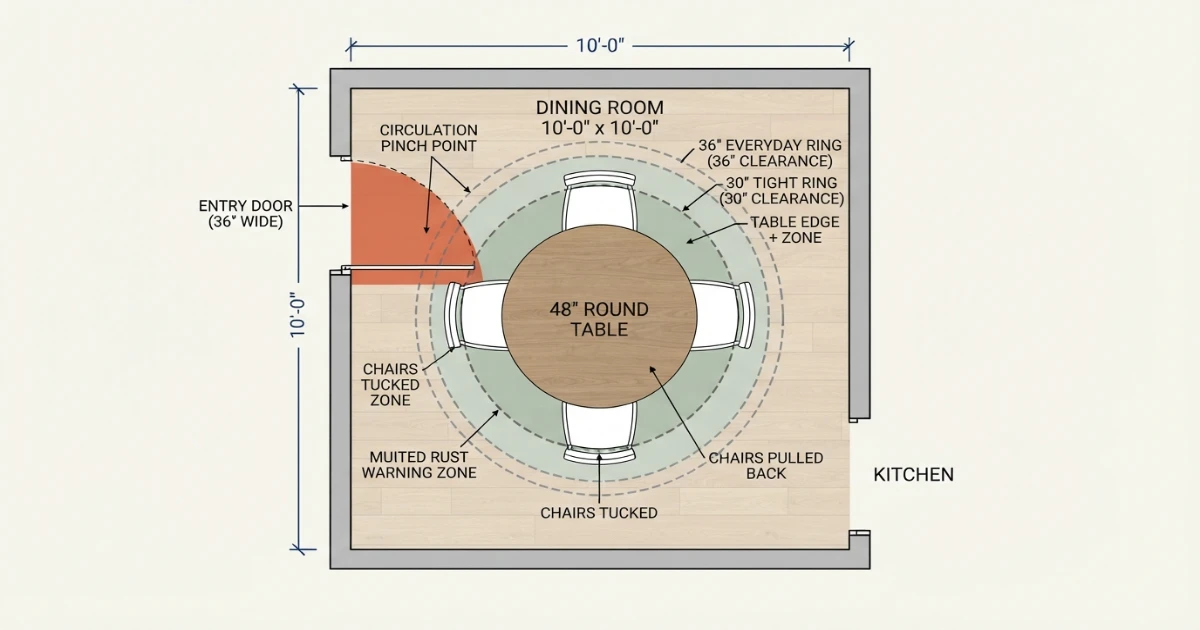 10x10 dining room table clearance plan with 30 and 36 inch zones