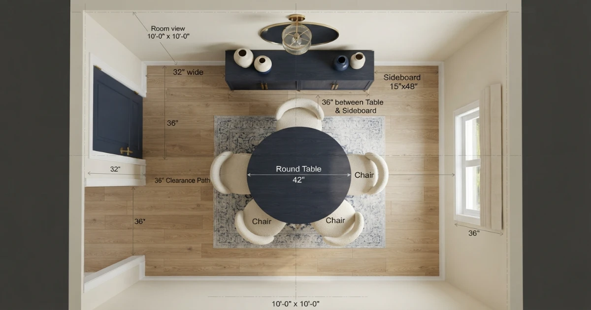 Sideboard and dining table clearance plan in a 12x12 room