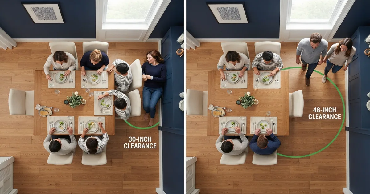 Space around dining table showing a measured 36-inch clearance zone