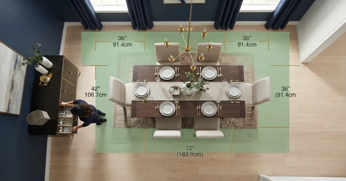 Asymmetric space around dining table with wider active walkway
