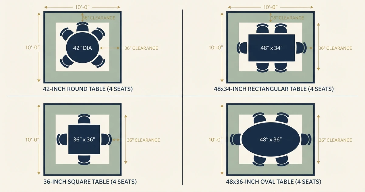 Dining table layouts for a 12x12 room in four shapes