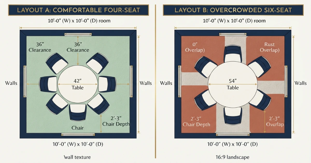Round and rectangular eight-seat tables compared inside a 12x12 room