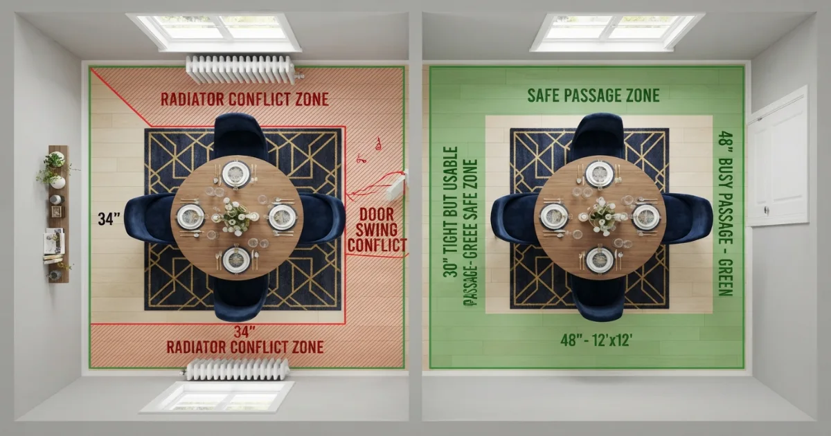 Space around dining table diagram comparing 30 36 42 and 48 inch zones