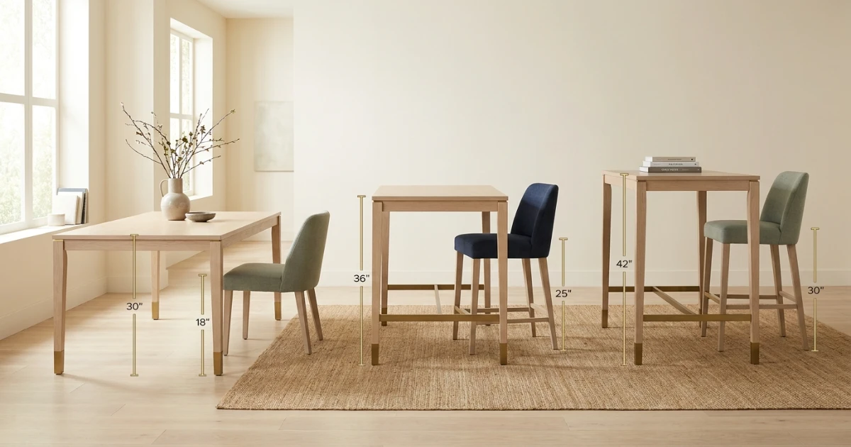 Dining table height compared with counter and bar table heights