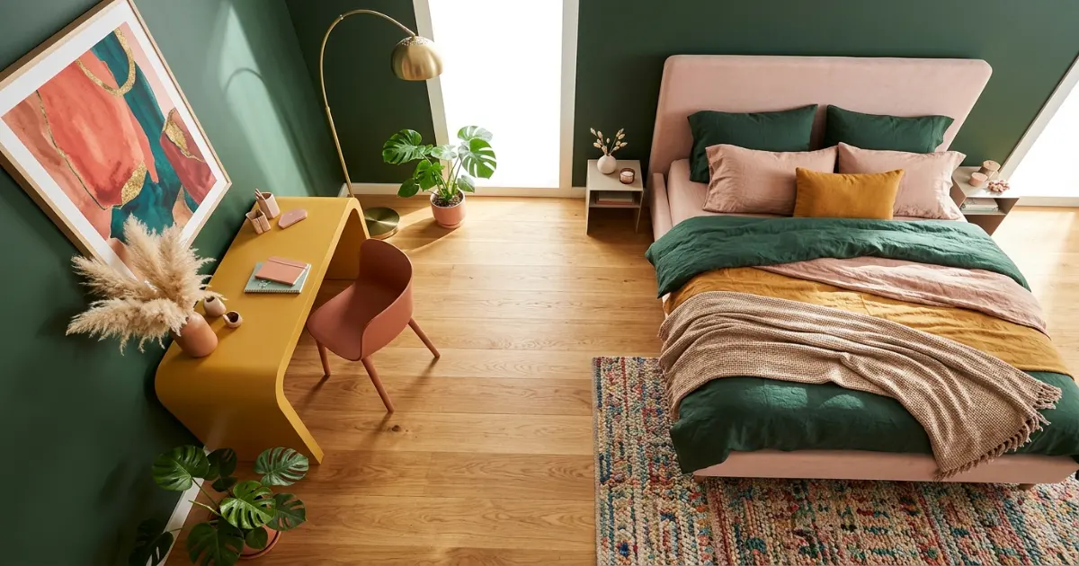 Cream bed and compact desk illustrating bedroom layout choices