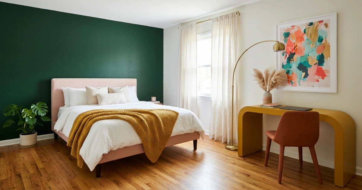 Full bed room concept with a slim oak desk and navy bedding