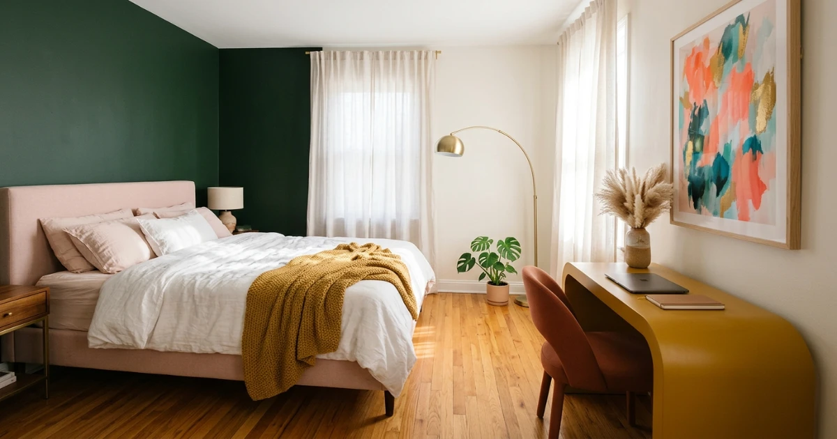 Queen bed and desk arranged in a bedroom