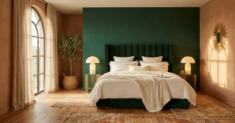 Emerald velvet bed with ivory linens and brass nightstands in a terracotta bedroom