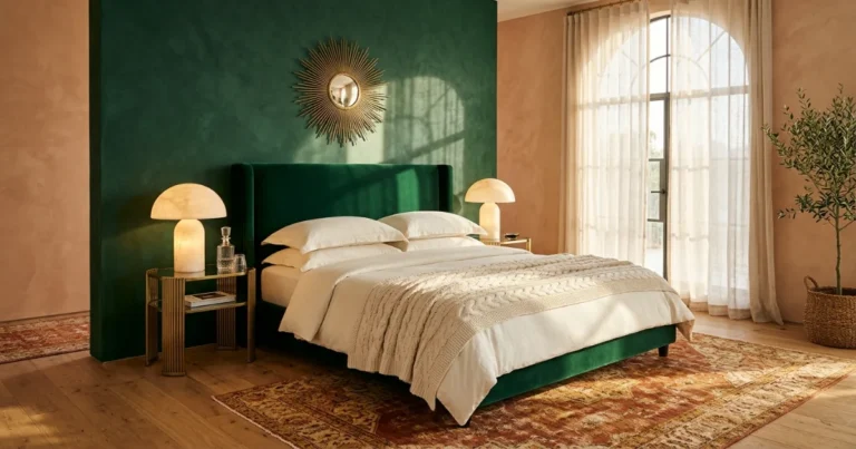 Emerald velvet Queen bed with ivory linens and brass nightstands in a spacious terracotta bedroom