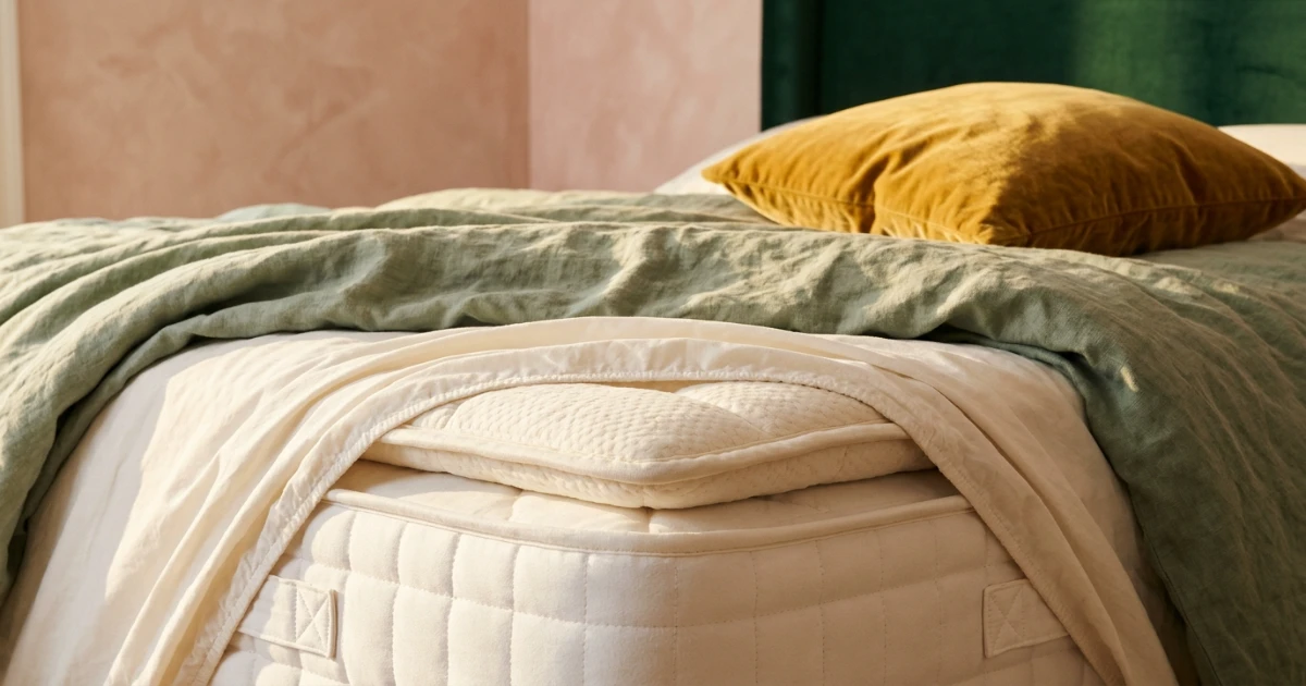 Fitted sheet around a mattress and topper showing the depth to measure