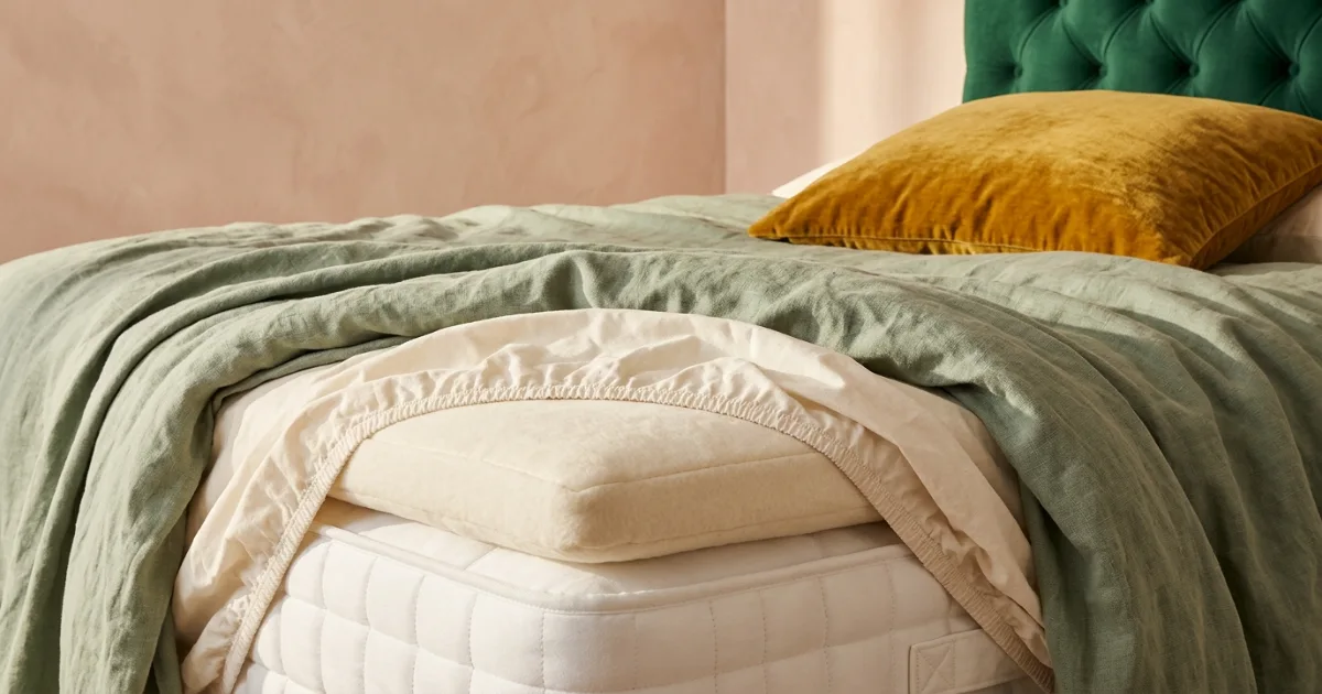 Fitted sheet corner showing mattress and bedding depth