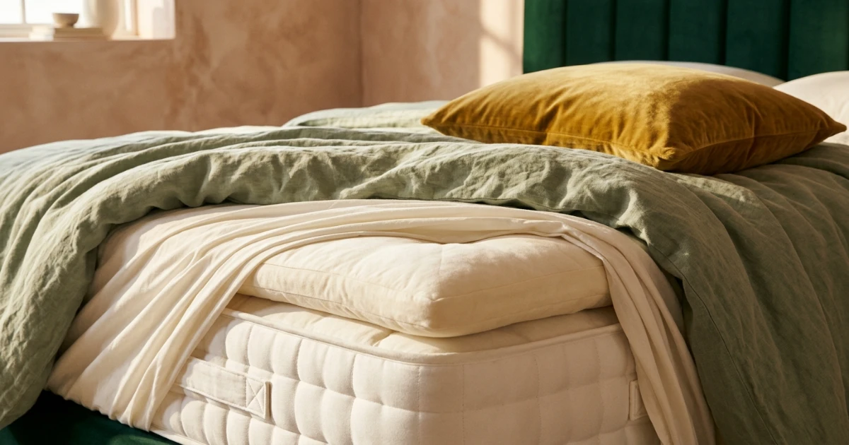 Mattress and topper corner with a fitted sheet pulled back to show pocket depth