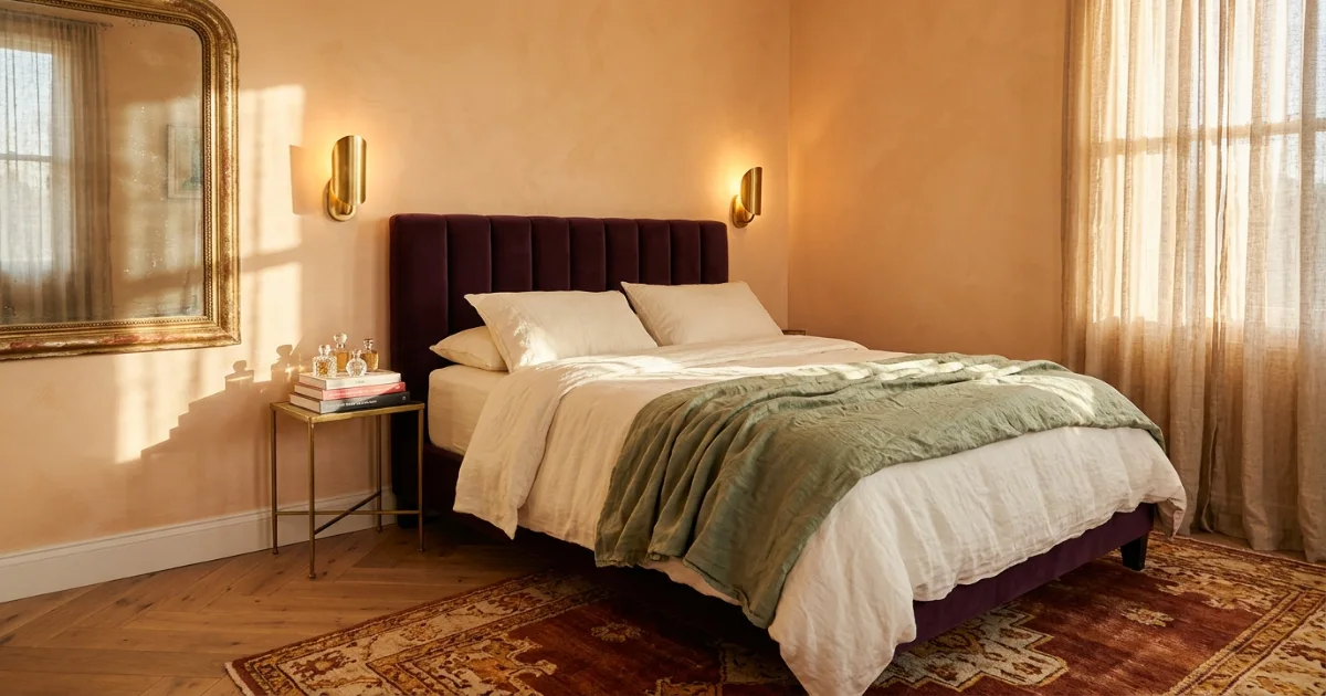 Navy upholstered double bed with cream bedding in a guest bedroom
