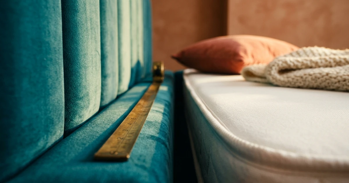 Measuring tape on an upholstered bed frame beside the mattress edge