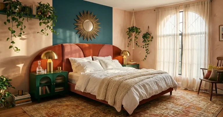 Bedroom inspiration for the bed size chart guide, with a terracotta velvet bed, emerald nightstands and gold lamps