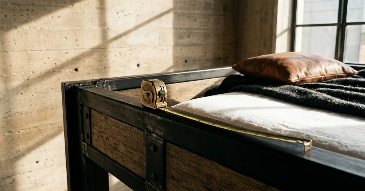 Outside bed frame rail beside the mattress edge and measuring tape