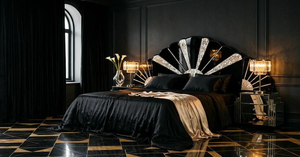 Navy upholstered bed with two oak nightstands in a broad bedroom